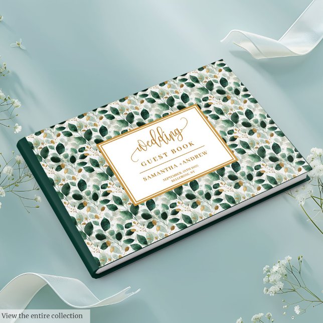 Na moda Dark Green E Dourado Livro de Convidados (Stylish Dark Green And Gold Wedding Guest Book)
