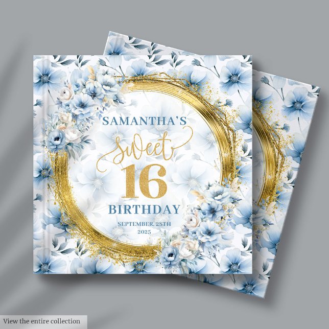 Na moda Dusty Blue Floral Dourado Sweet 16 Livro d (Stylish Dusty Blue Floral Gold Sweet 16 Guest Book)
