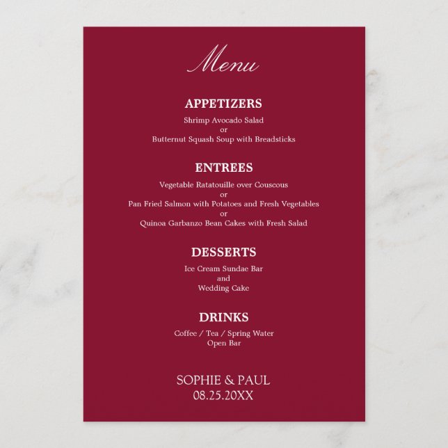 Na moda Elegante Burgundy Wedding Menu (Frente)