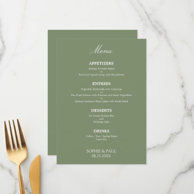 Na moda Elegante Sage Green Wedding Menu (Frente/Verso In Situ)