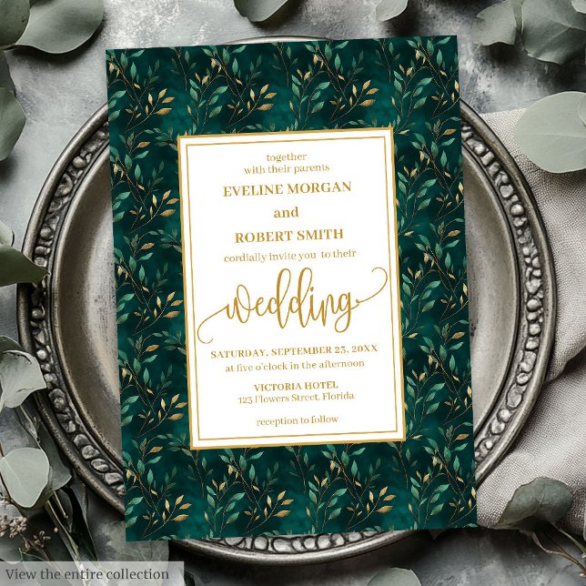 Na moda Emerald Dourado Convite para Casamento Euc (Stylish Emerald Gold Eucalyptus Wedding Invitation)
