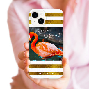 Na moda Flamingo Photo Dourado Stripes Citação