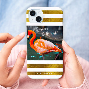 Na moda Flamingo Photo Dourado Stripes Citação