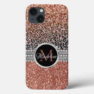 Na moda Girly Rosa Dourado Glitter Leopard Monogra