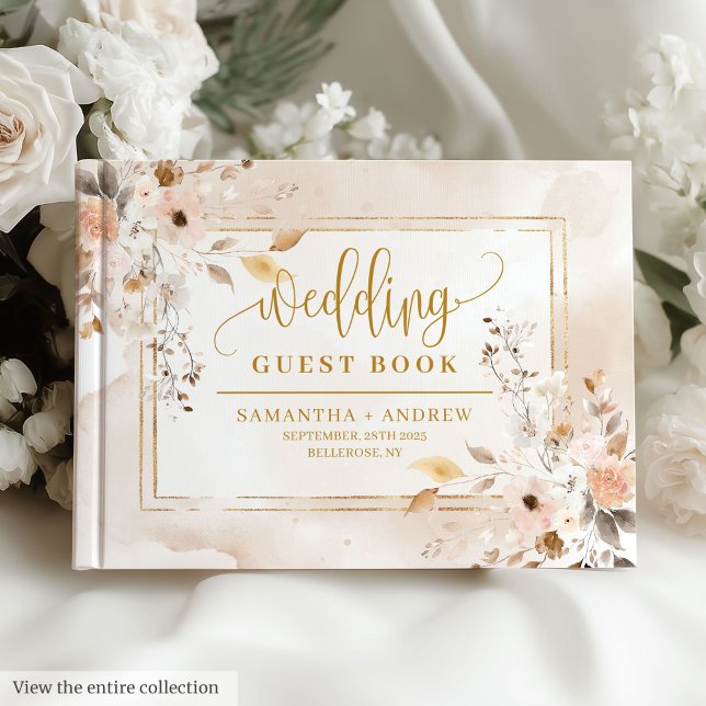 Na moda Ivory Beige Dourado Livro de Vestimentos d (Stylish Ivory Beige Gold Autumn Wedding Guest Book)