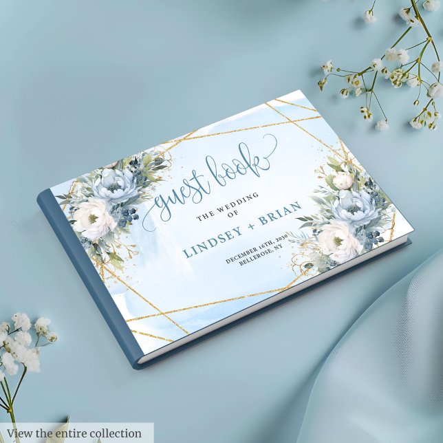 Na moda Pastel Blue Dourado Livro de Convidados (Stylish Pastel Blue White Gold Peonies Guest Book)