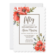 Na moda Red Poppy Flower 50th Aniversário Convite