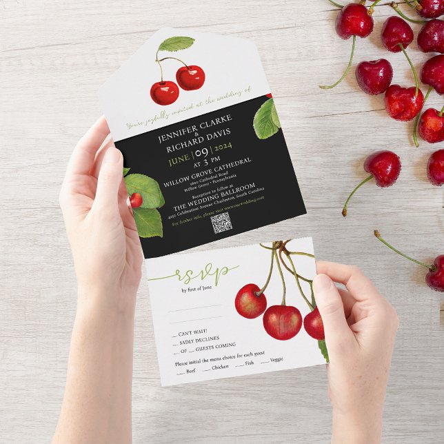 Na moda Red White Cherry Frutas QR Casamento (Criador carregado)
