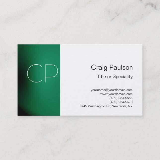 Na moda verde Cartão de visita Monograma branco co (Frente)