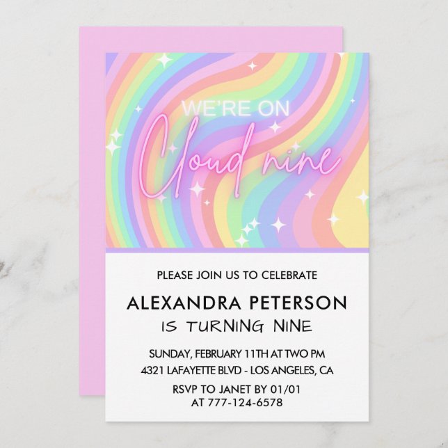 Na Nuvem 9 Aniversário Convite Magnético Rosa (Frente/Verso)