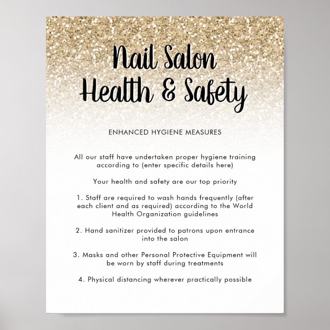 Nail Salon Health Safety Poster Glitter Dourado (Frente)