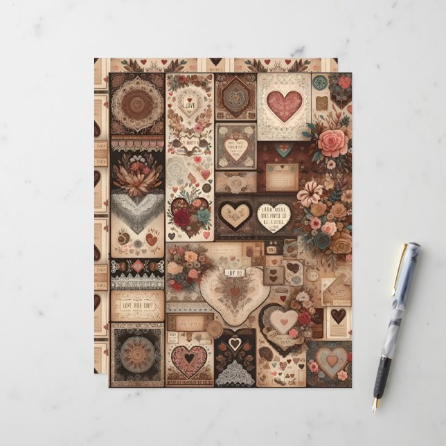 Namorados Boho Ephemera Scrapbook Paper (Frente/Verso In Situ)