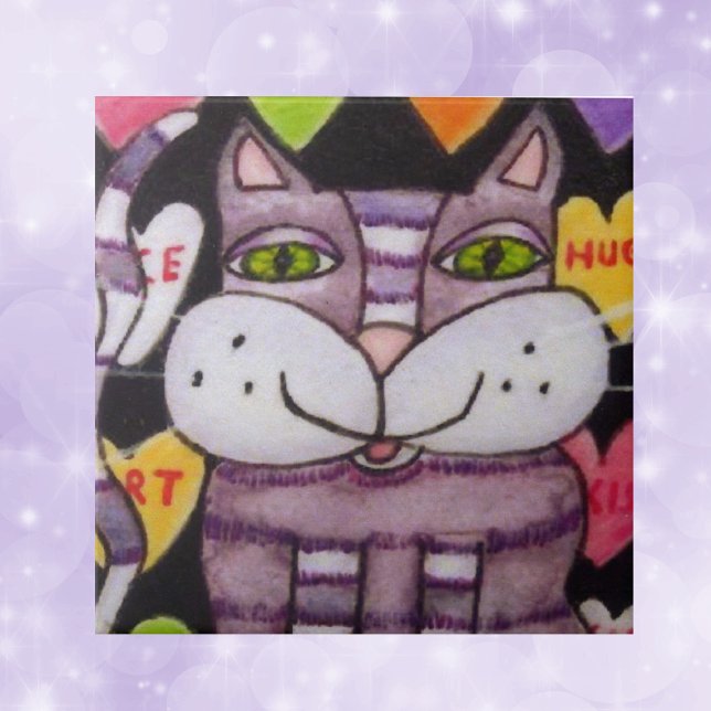 Namorados de Gato Puro do Coração Candy (Purple cat green eyes colouful candy hearts on black decorative ceramic tile.)
