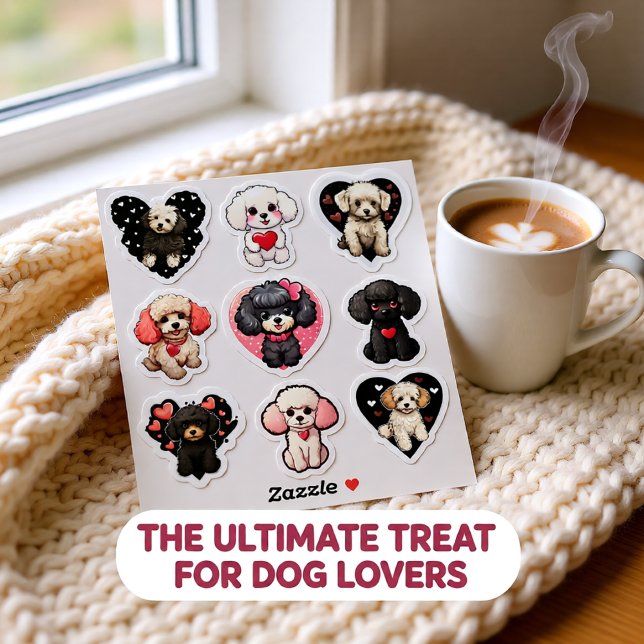 Namorados Poodle Dog conjunto de 9 adesivos (Cute Valentine Poodle Dog Hearts Set of 9 Adorable Sticker)
