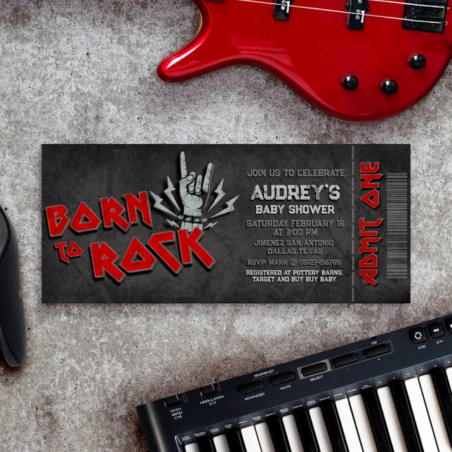 Nascer a Rock - Convite para Tíquete de Chá de fra (Born to Rock - Boy Baby Shower Ticket Invitation)