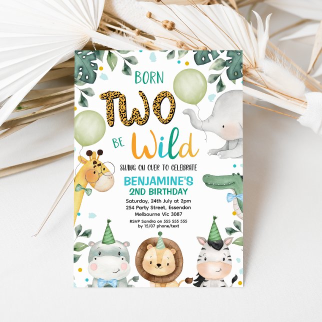 Nascer Azul Cute Para Ser Convite Para segundo ani (Born Two Be Wild Invitation Template, Safari 2nd Birthday Invite Boy, Cheetah Print, Party Hats)