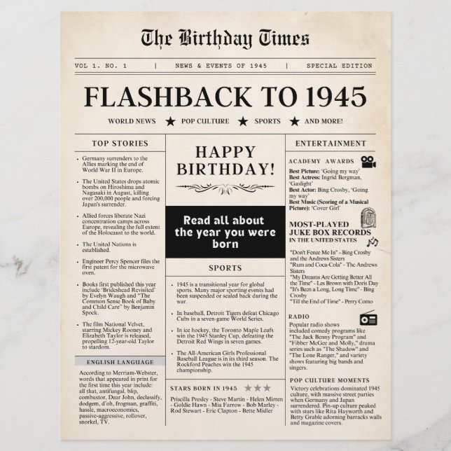 Nascer em 1945 Mock Newspaper sepia (Frente)