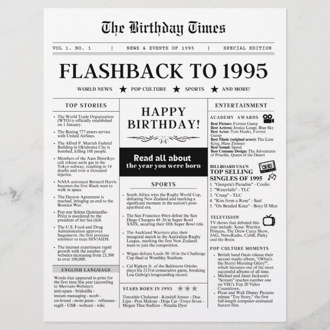 Nascer em 1995 - Mock Newspaper preto e branco (Frente)