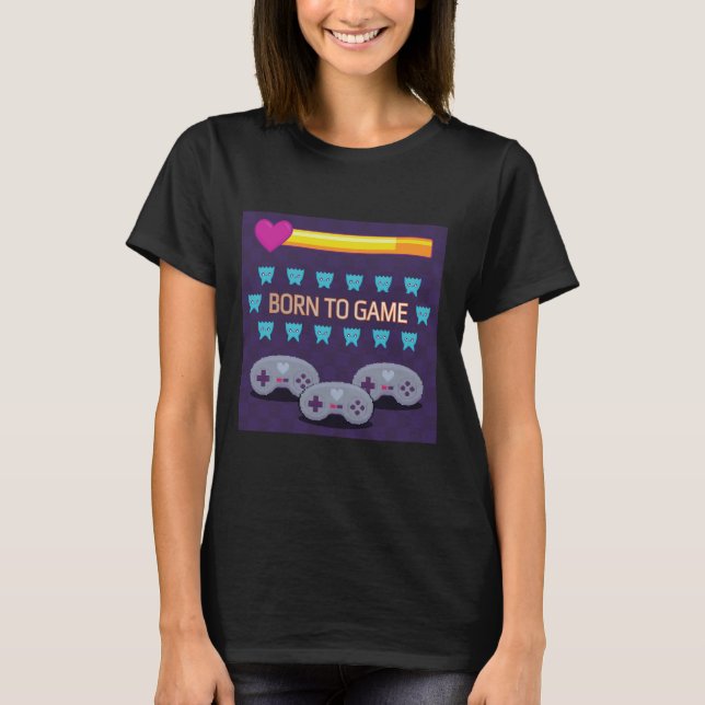 Nascido para Jogar - Camiseta de Arte Pixel 8-Bit  (Frente)