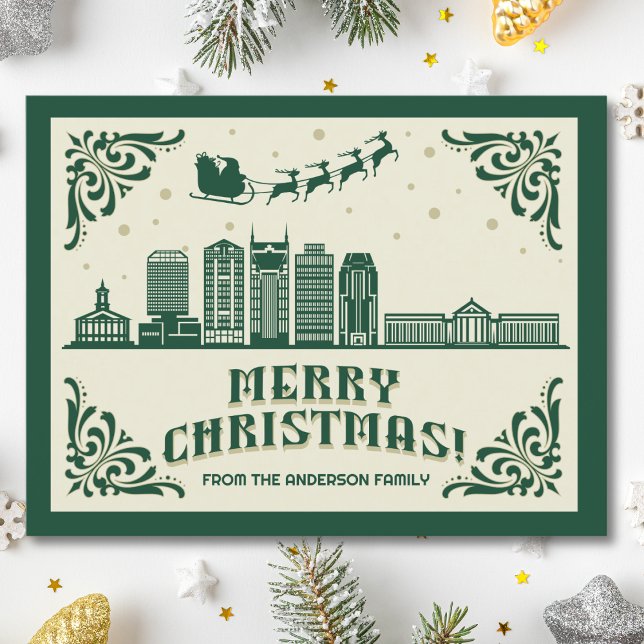 Nashville, Cartão postal de Natal do Skyline TN Sk (Nashville, TN skyline christmas card green modern merry christmas postcard with custom details)