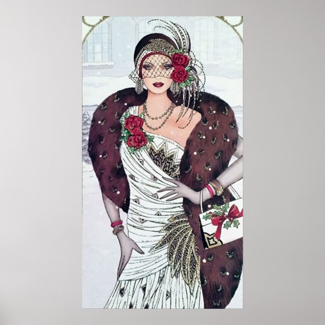 Natais vintages de arte retro deco Lady poster (Frente)
