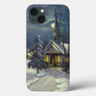 natais vintages, Igreja de inverno na neve com lua