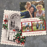 Natais vintages Janela de Cartões de fotos plano d<br><div class="desc">Cartões de fotos de Natal antigo com uma cena de árvore de Natal,  luz de velas e noite de neve nas costas. Adicione suas fotos personalizadas e saudações personalizadas à frente.</div>