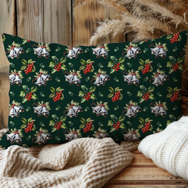 Natais vintages Sinos de Prata Feriados e Holly (Vintage Christmas Holiday Silver Bells, Holly and Berries Dark Green Pillow Case)