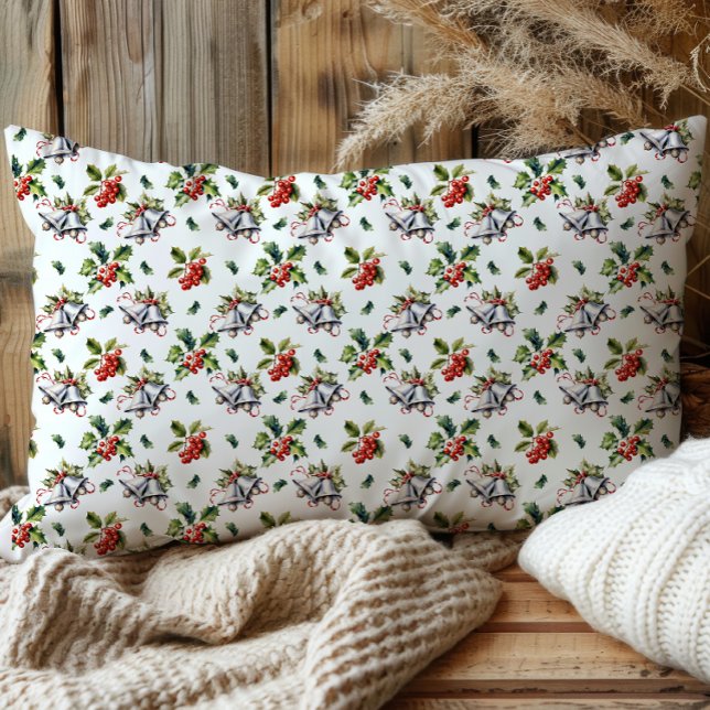 Natais vintages Sinos de Prata Feriados e Holly (Vintage Christmas Holiday Silver Bells, Holly and Berries White Pillow Case)