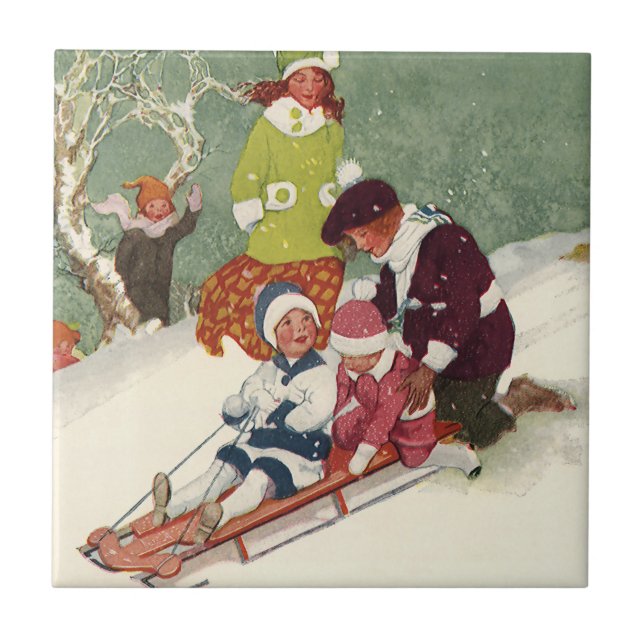 Natal Antigo, Crianças Deslizando na Neve (Frente)