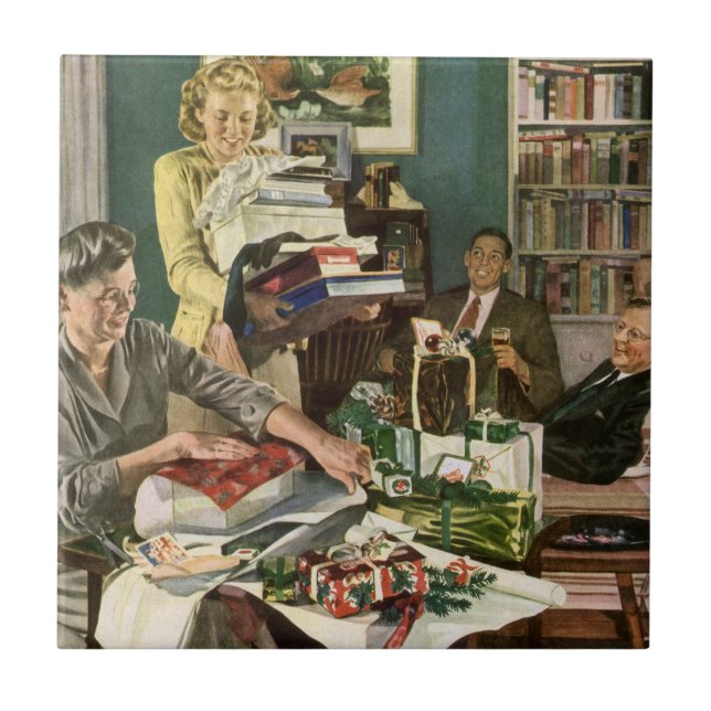 Natal Antigo, Família Feliz Envolvendo Presentes (Frente)