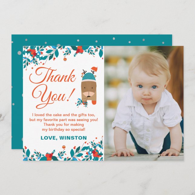 Natal Blue Deer Aniversário Obrigado Cartão com fo (Frente/Verso)