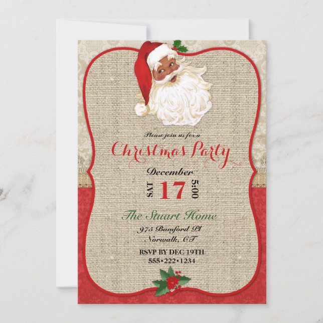 Natal Burlap Damask Papai Noel Convite (Frente)