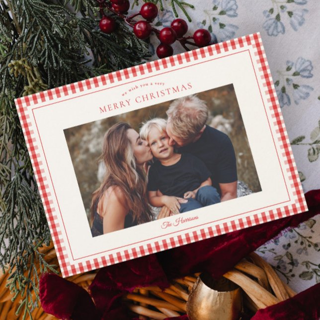 Natal Foto Gingham Rústico Elegante (Red gingham magnetic photo Christmas cards.)