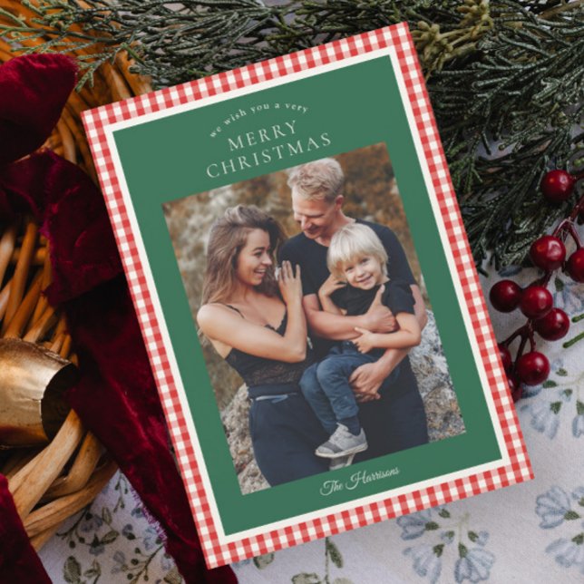Natal Foto Gingham Rústico Elegante (Elegant, Rustic Red Gingham Magnetic Photo Christmas Cards.)