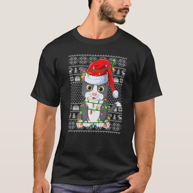 Natal Luzes Papai Noel Gato Suéter Feio Natal (Frente)