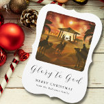 Natal Natividade Cena Glória a Deus<br><div class="desc">Personalize a frente deste cartão de Natal adicionando uma saudação personalizada e o nome da sua família e adicione a sua mensagem de feriado personalizada na parte traseira do cartão. O cartão religioso de Natal apresenta uma cena tradicional de natividade com "Glória a Deus", exibido em elegante roteiro de caligrafia....</div>