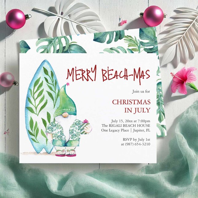 Natal no Tema do Surfboard dos Modelos de Folhetos (Christmas in July Flyers template features watercolor surfboard and beach Santa Victoria Grigaliunas)