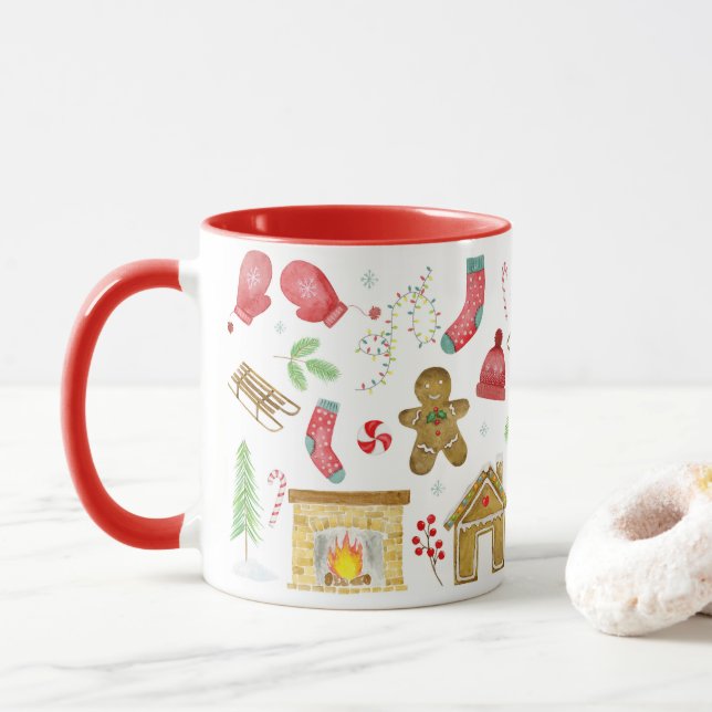 Natal numa caneca com ilustrações de Natal (Com Donut)