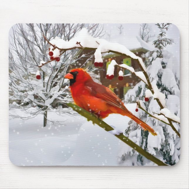 Natal, pássaro cardinal, neve, Mousepad (Frente)