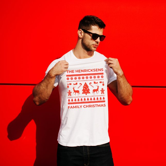 Natal Personalizado da Família de Estilos Feios (Personalized Ugly Sweater Style Family Christmas T-Shirt)