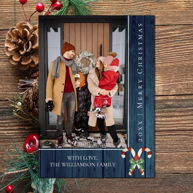 Natal Rustic Candy Canes | Cartão com fotos azul (Blue Rustic Candy Canes Christmas Photo Card)
