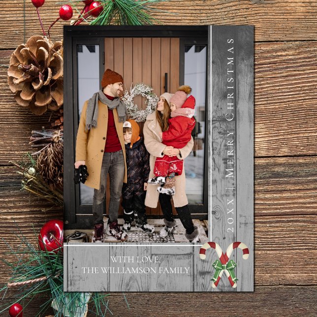 Natal Rustic Candy Canes | CARTÃO COM FOTOS CINZA (Gray Rustic Candy Canes Christmas Photo Card)