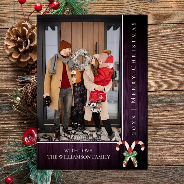 Natal Rustic Candy Canes | Cartão com fotos roxo (Purple Rustic Candy Canes Christmas Photo Card)