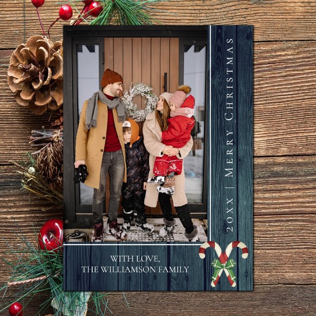 Natal Rustic Candy Canes | Cartão com fotos teóric (Teal Rustic Candy Canes Christmas Photo Card)