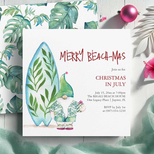 Natal tropical nos convites de julho (Tropical beach Christmas invitations watercolor surfboard and Santa art by Victoria Grigaliunas)
