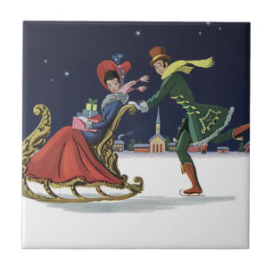 Natal vintage, casal no patinagem no gelo do amor
