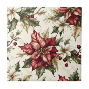 Natal Vintage Creme Vermelho Poinsettia Azevinho