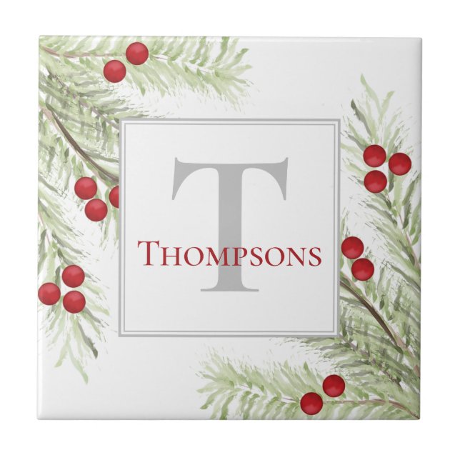 Natal Watercolor Holly Berries Pine Greenery (Frente)