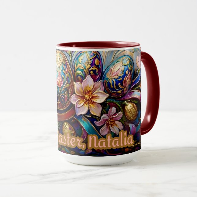 NATALIA ~ CANECA DE PÁSCOA ~ Flores Ovos~  (Frente Esquerda)